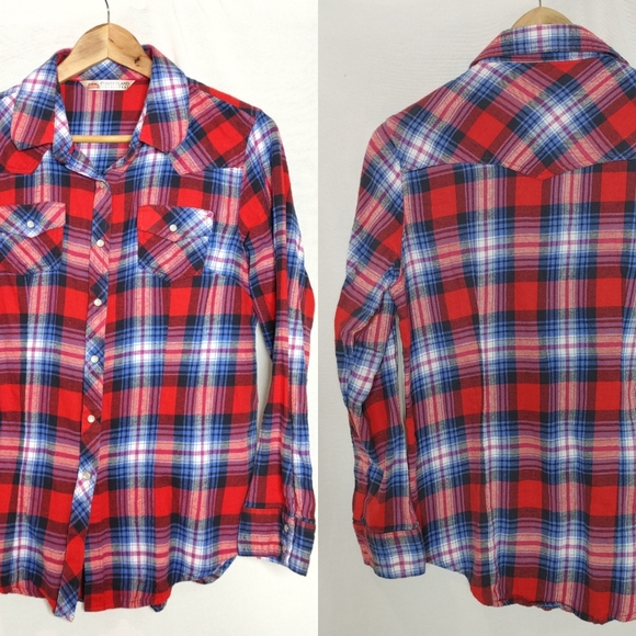 Cumberland Outfitters Snap Button Flannel Pearl Plaid Pink Red Blue Large L - Picture 1 of 9